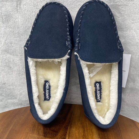 Lands' End Slippers Boys 3 Navy Suede Leather Faux Fur Lined Moccasin Youth Kids - Picture 9 of 13